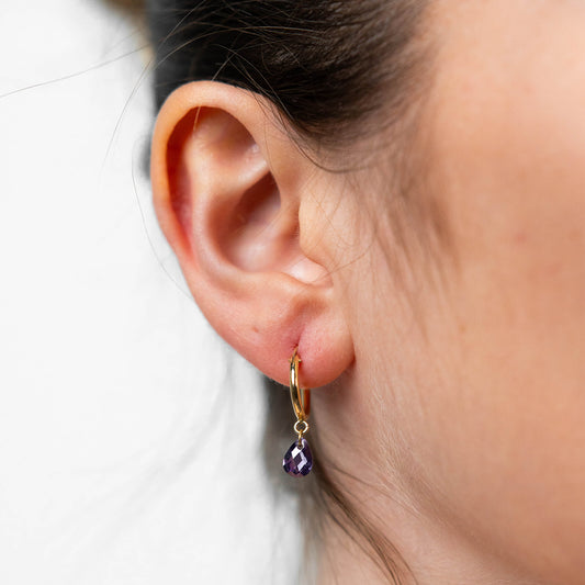 Hoop Earrings with Amethyst Stone and 18k Gold