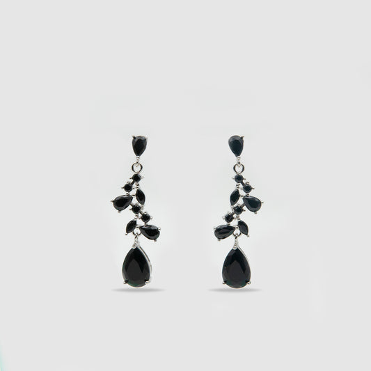 Silver earrings with black stones.