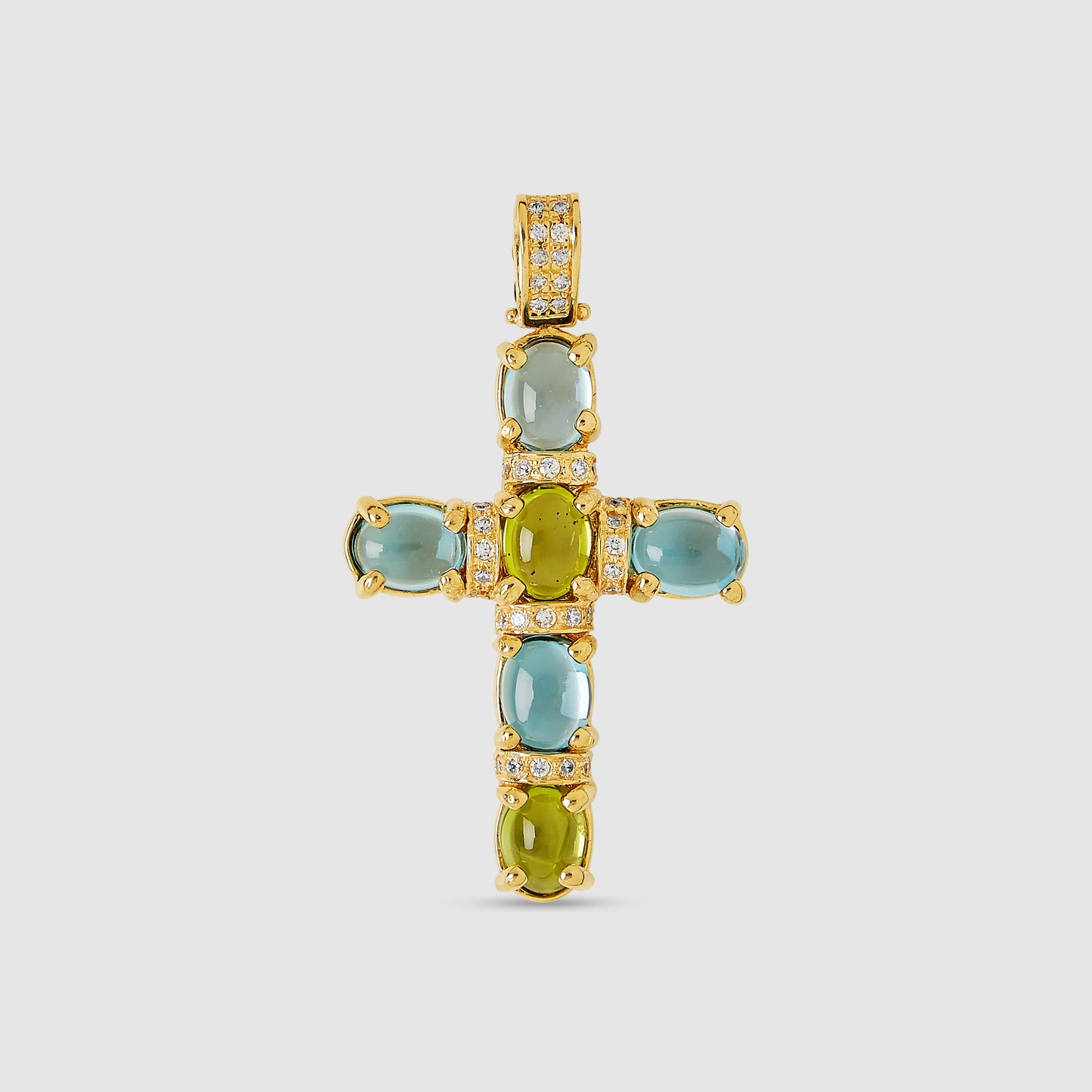 18K Gold Cross with green and blue stones