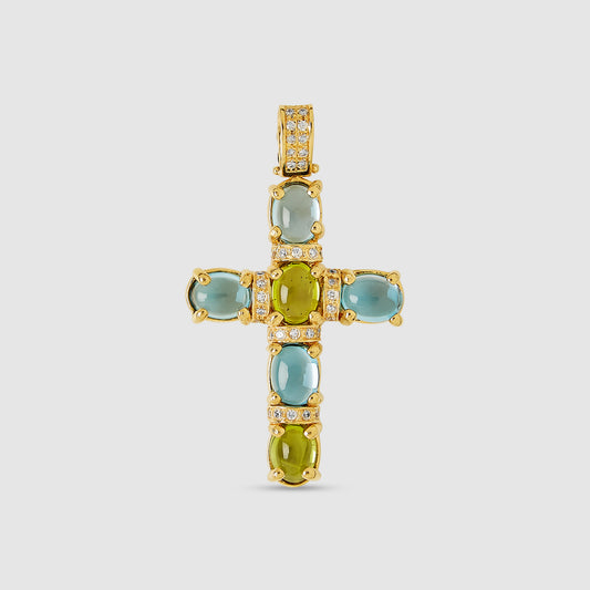 Cruz de Oro 18K con piedras verde y azul