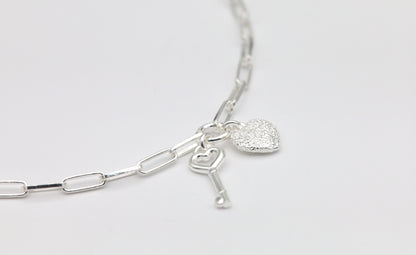 925 Silver Key &amp; Heart Bracelet