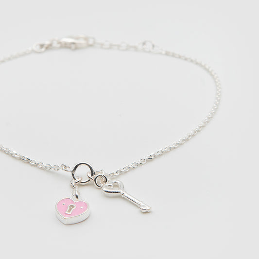 925 Silver Heart &amp; Key Bracelet