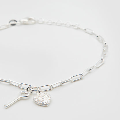 925 Silver Key &amp; Heart Bracelet