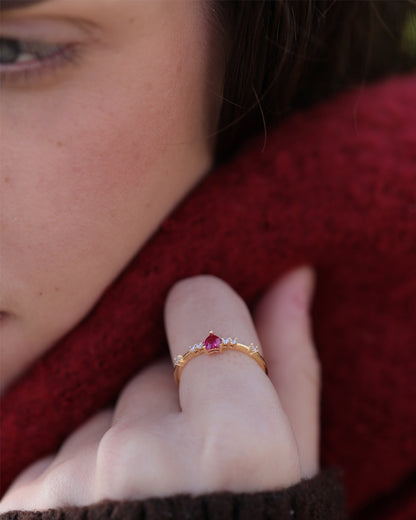Anillo Plata 925 Baño Oro & Piedra Roja