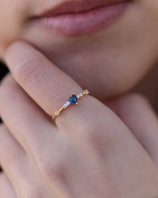 Anillo Corazon Azul & Circonitas Plata 925 Baño Oro