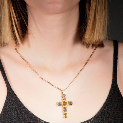 18K Gold Cross with green and blue stones