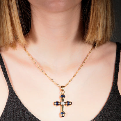 Cruz de Oro 18K con borde azul