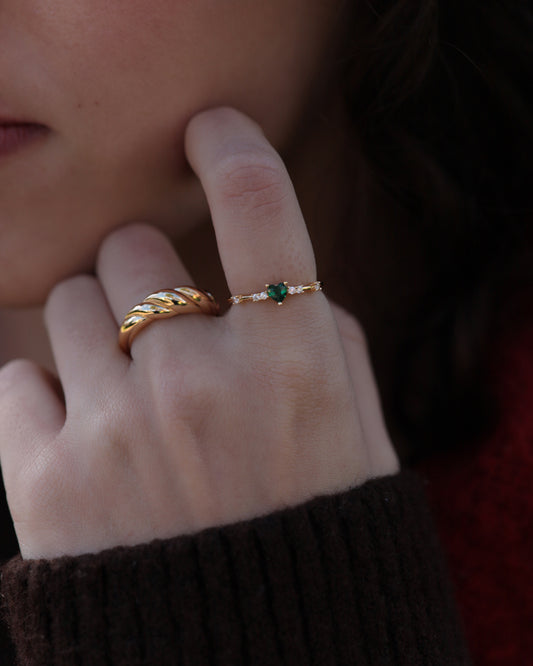 Anillo Corazon Verde & Circonitas Plata 925 Baño Oro