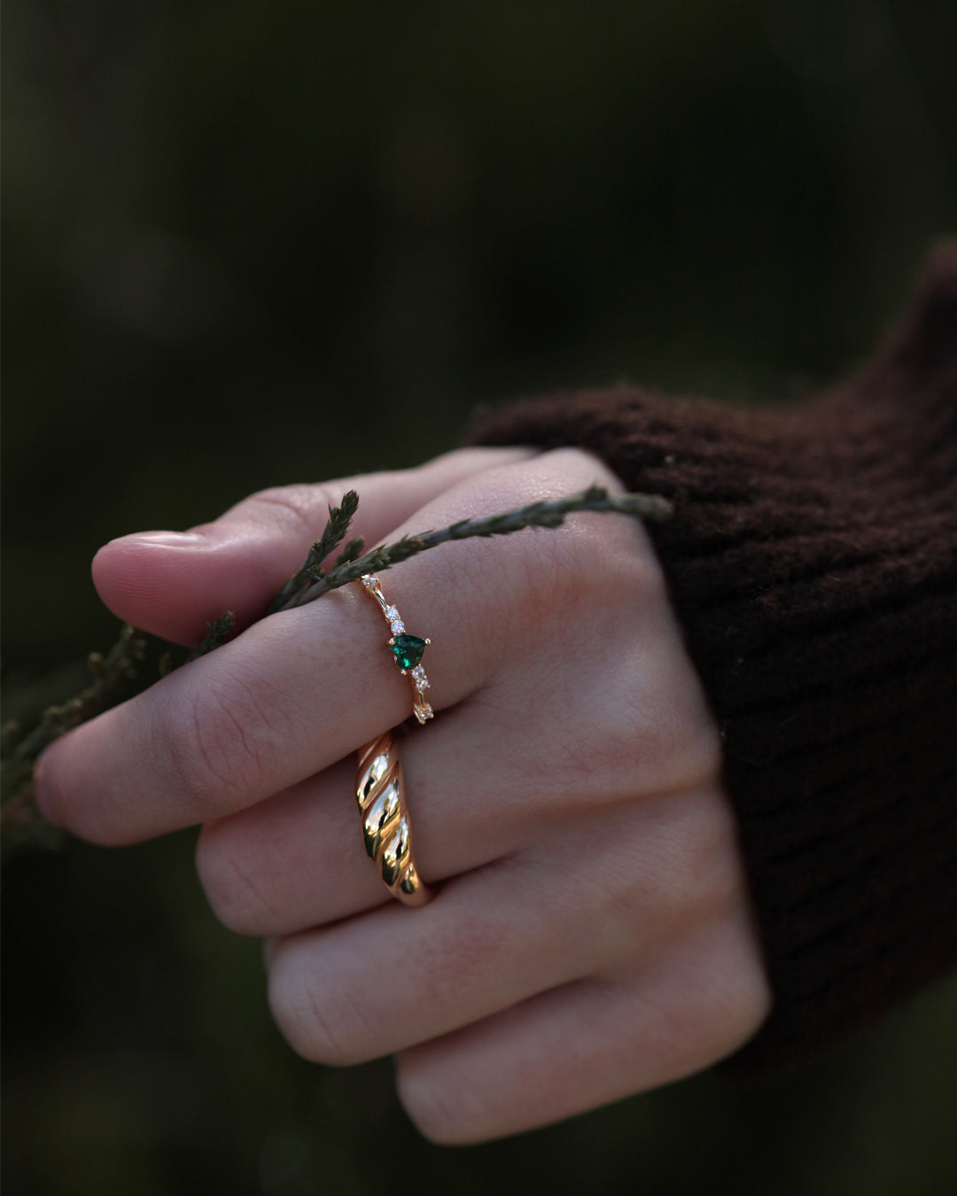Anillo Plata 925 Baño Oro & Piedra Verde