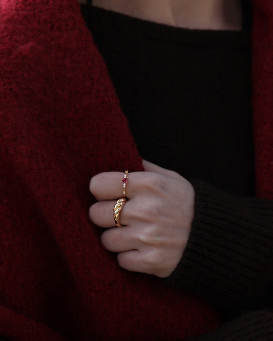 Anillo Corazon Rojo & Circonitas Plata 925 Baño Oro